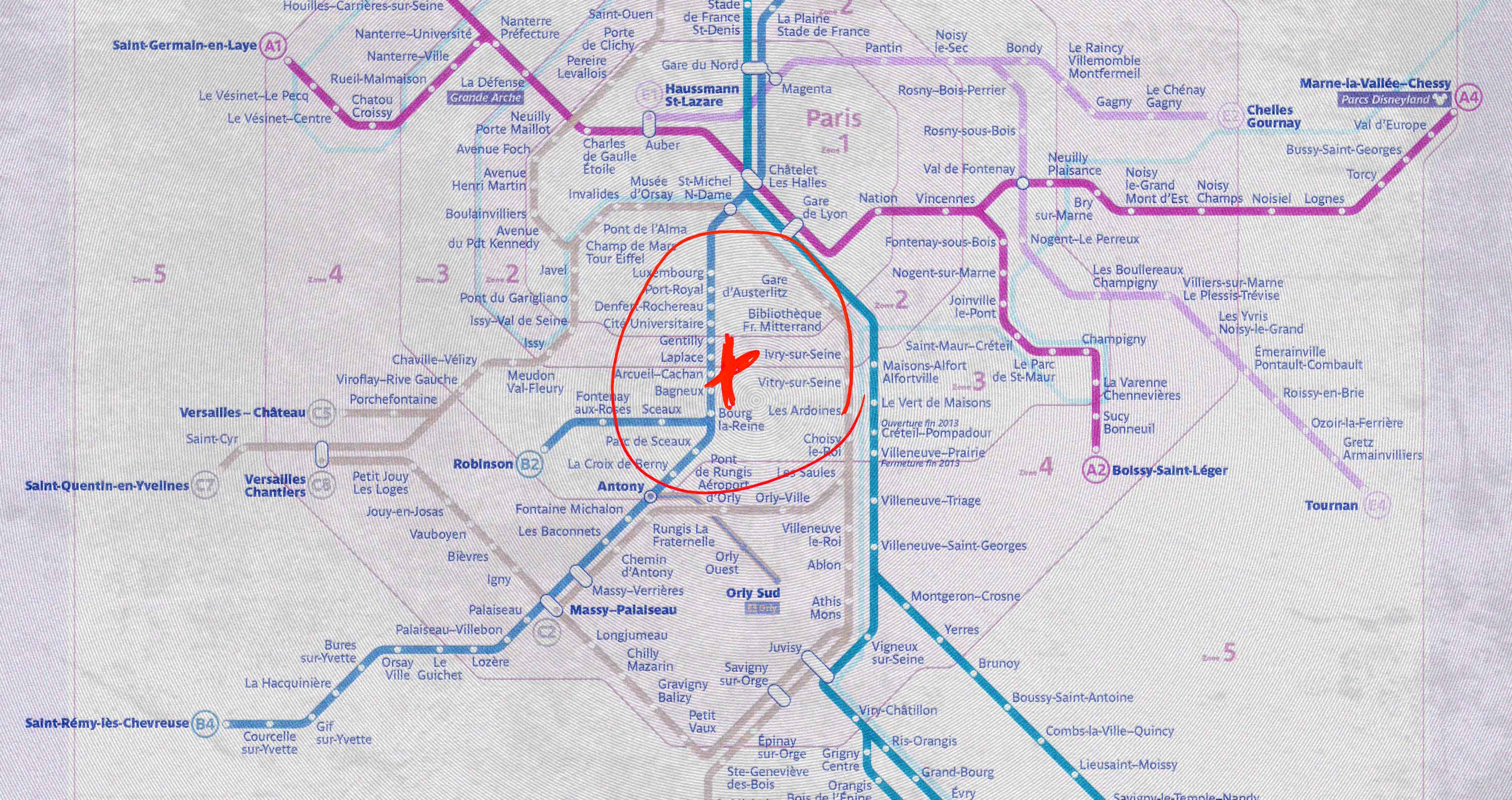 Carte du réseau RER francilien, l'emplacement de l'atelier entouré en rouge